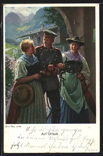 Künstler-AK Auf Urlaub, Soldat mit zwei Damen in seiner Zeit Zuhause