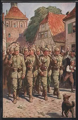 AK Soldaten marschieren blumengeschmückt durch ein Dorf
