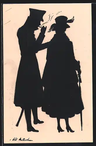 Künstler-AK Ov. Alt-Stutterheim: Rauchender Soldat mit Dame an seiner Hand, Schattenbild