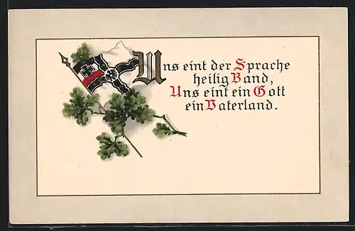AK Reichskriegsflagge mit Eichenlaub, Uns eint der Sprache heilig Band...