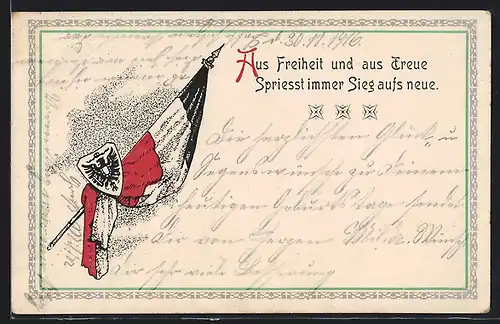 AK Gebundene Fahne vom Deutschen Reich, Wappen, Aus Freiheit und aus Treue...