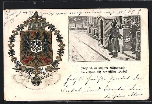 Künstler-AK Wappen vom Deutschen Reich, Soldat erhält Geschenk während seiner Wache