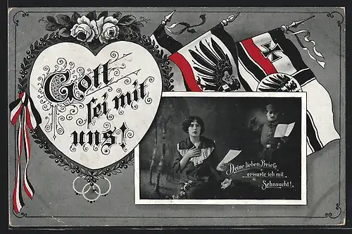 AK Gott sei mit uns, Frau denkt an Soldaten, Fahnen