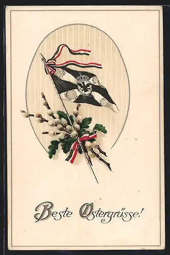 AK Ostergruss mit preussischer Fahne und Weidenkätzchen