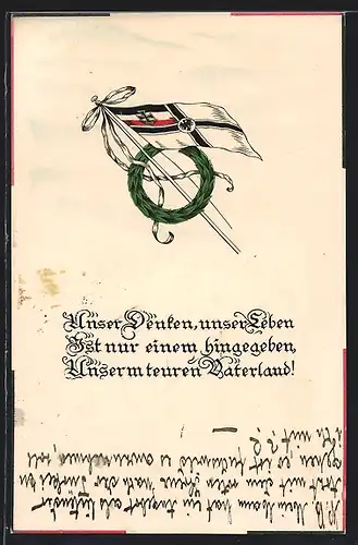 AK Reichskriegsflagge mit Lorbeerkranz an einem Mast