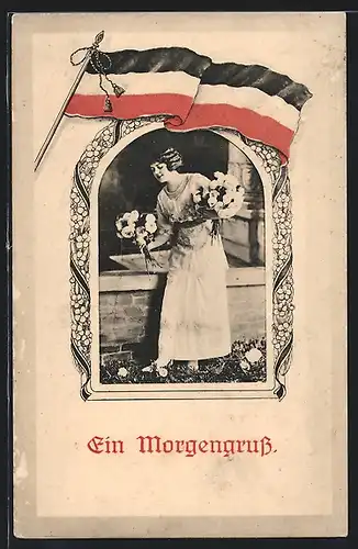 AK Frau mit Rosensträussen unter der Fahne des Deutschen Reichs