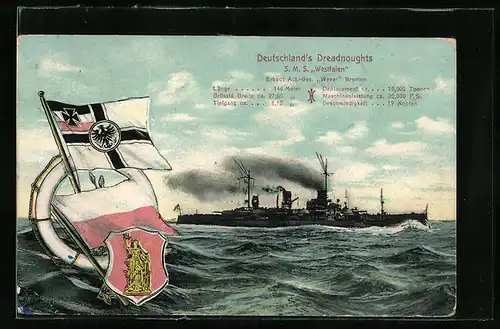 AK Deutschlands Dreadnoughts, Kriegsschiff SMS Westfalen, Reichskriegsflagge, Wappen