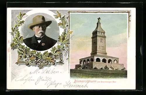 Lithographie Assenhausen a. Starnberger See, Blick auf den Bismarckturm