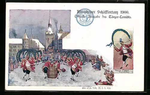 Künstler-AK München, Schäfflertanz 1900, Männer in Kostümen mit Kränzen beim Tanz