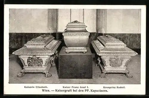 AK Wien, Kaisergruft bei den PP. Kapuzinern, Särge Kaiserin Elisabeth, Kaiser Franz Josef I., Kronprinz Rudolf