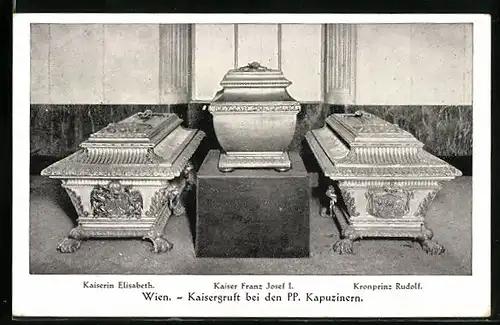 AK Wien, Kaisergruft bei den PP. Kapuzinern, Särge Kaiserin Elisabeth, Kaiser Franz Josef I., Kronprinz Rudolf
