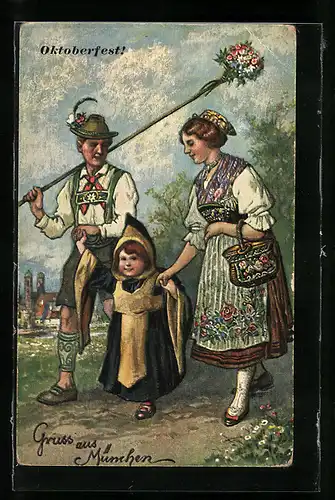 Künstler-AK München, Oktoberfest, Paar mit dem Münchner Kindl