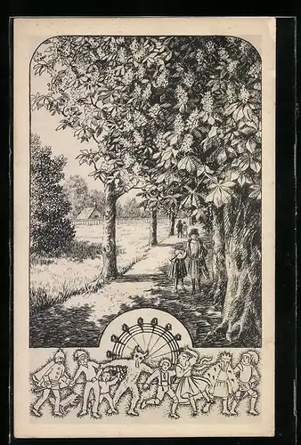 Künstler-AK Wien, Pratermotiv mit Riesenrad, Spaziergang in der Sonne