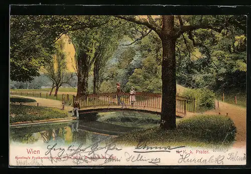 AK Wien, Wasserpartie mit kleiner Brücke im K. k. Prater