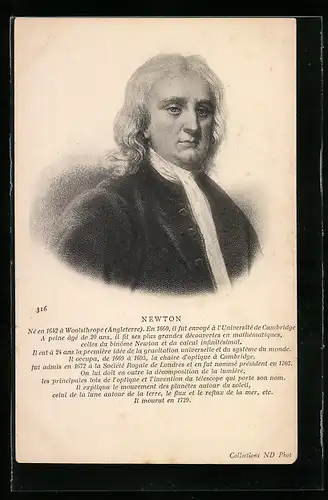 AK Isaac Newton mit Schal und Mantel