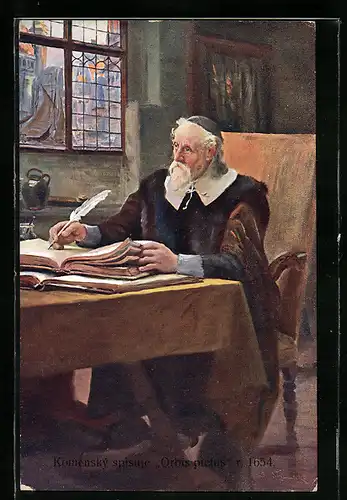 Künstler-AK Komensky spisuje, Orbis pictus r 1654