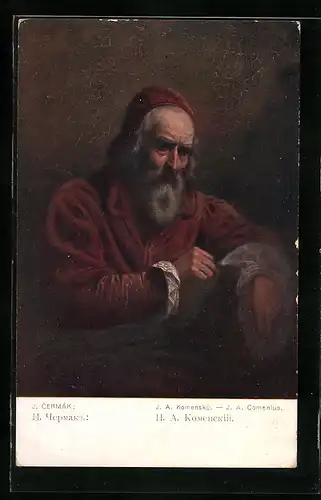 Künstler-AK J. A. Komensky im roten Gewand, nach J. Cermák