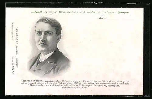 AK Thomas Edison im Anzug, Erfinder der elektrischen Glühlampe