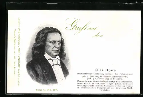 Lithographie Portrait des amerikanischen Erfinders Elias Howe, gelebt von 1819 bis 1867