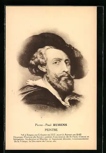 AK Pierre-Paul Rubens, Peintre, mit Vollbart und Hut