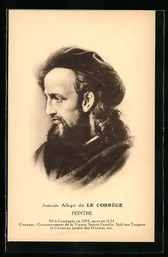 AK Antonio Allegri dit Le Corrége, Maler, mit Vollbart und Hut