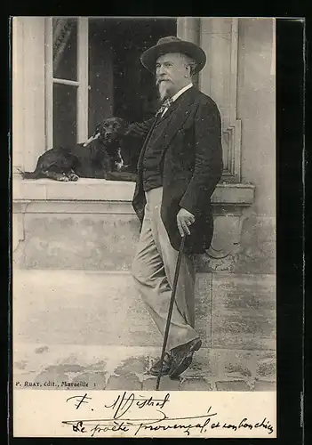 AK Dichter Frederic Mistral mit Gehstock und seinem Hund an einem Fenster