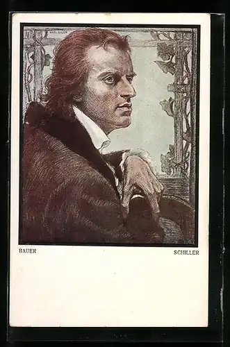 Künstler-AK Portrait Friedrich Schiller vor einem Spalier