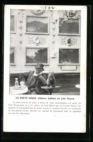AK Le Poete Gogol mit Zylinder am Tisch mit seiner Katze