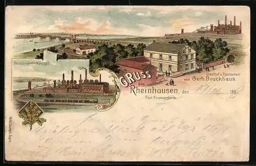 Lithographie Rheinhausen, Gasthof und Restaurant von Gerh. Bruckhaus, Hochofenwerk von Krupp