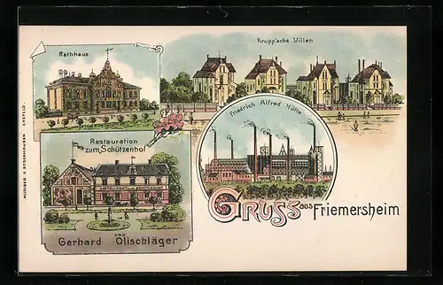 Lithographie Friemersheim, Rathaus, Krupp'sche Villen, Friedrich Alfred Hütte, Restaurant z. Schützenhof
