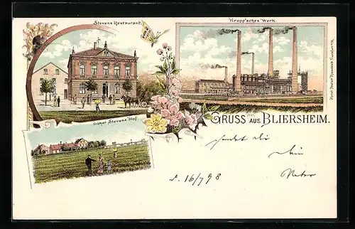 Lithographie Bliersheim, Stevens Restaurant, Früher Stevens Hof und Krupp`sches Werk