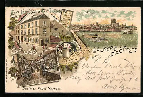 Lithographie Köln, Gasthaus Em leckere Dröppche Richmodstrasse Ecke Wolfstrasse, grösste Postkartensam. der Welt