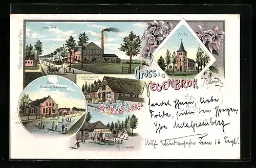 Lithographie Neuenbrok, Gramberg`s Gasthof u. Postagentur, Schule und Onnen`s Gasthaus, Meyer`s Gasthof und Molkerei