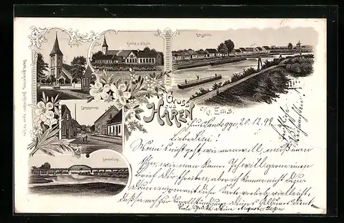 Lithographie Haren a. d. Ems, Langestrasse, Emsbrücke, Kirche und Schule