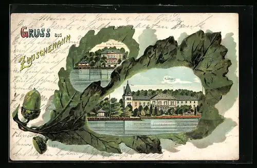 Lithographie Zwischenahn, Villa Rickmers und Kurhaus im Eichenblatt