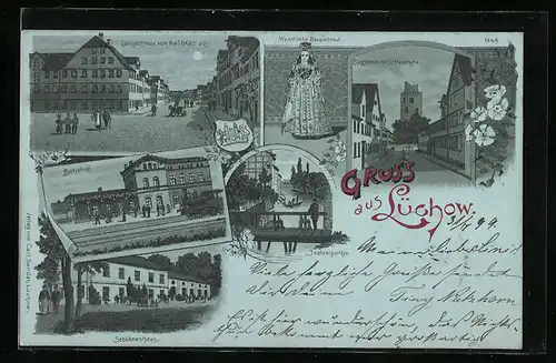 Mondschein-Lithographie Lüchow, Langestrasse vom Marktplatz aus, Burgstrasse mit Schlossruine und Bahnhof