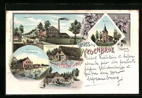 Lithographie Neuenbrok, Molkerei, Onnen`s Gasthaus, Meyer`s Gasthof und Gramberg`s Gasthof