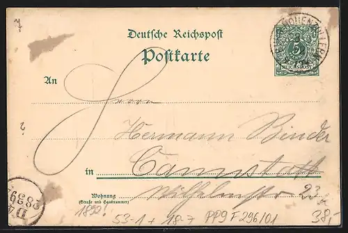 Vorläufer-Lithographie Ganzsache PP9F296 /01: Darstellung der Burg Hohenzollern, 1892