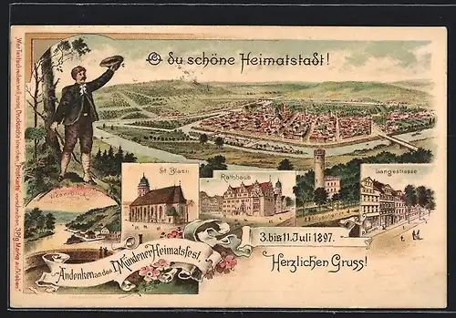 Lithographie Hann. Münden, Mündener Heimatsfest, Weserblick, St. Blasii, Rathaus, Langestrasse, Totalansicht, Ganzsache