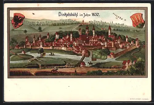 Lithographie Dinkelsbühl, Teilansicht im Jahre 1632, Ganzsache Bayern
