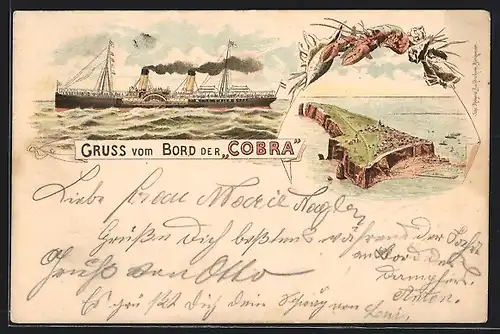 Vorläufer-Lithographie Helgoland, 1894, Dampfer Cobra auf See, Insel aus der Vogelschau