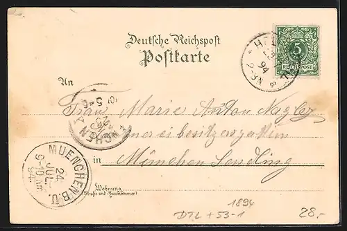 Vorläufer-Lithographie Helgoland, 1894, Dampfer Cobra auf See, Insel aus der Vogelschau