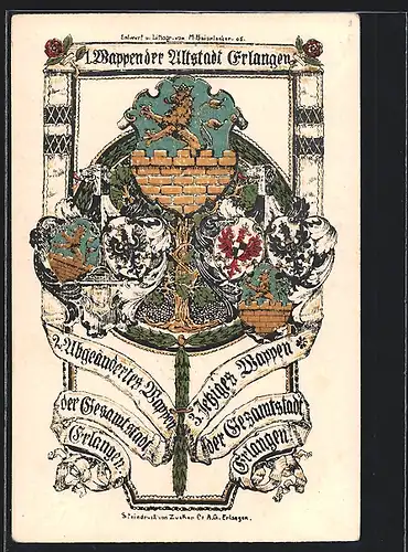 Künstler-AK Erlangen, 1. Wappen der Stadt Erlangen und 2. Abgeändertes Wappen, 3. Wappen, Ganzsache Bayern