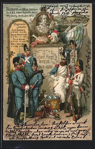Künstler-AK Ganzsache Bayern PP15C54 /03: 100 jähr. Jubiläum des K. B. 9. Infant.-Regiments Wrede 1903