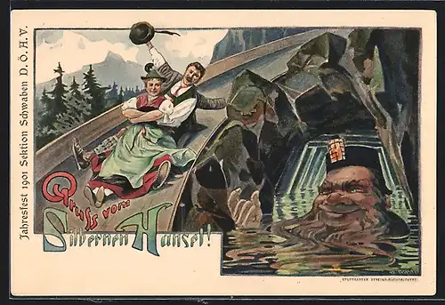 Lithographie Paar in Trachten beim Silbernen Hansel auf dem Volksfest 1901
