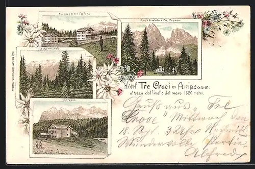 Vorläufer-Lithographie Cortina d`Ampezzo, 1895, Hotel Tre Croci, Monte Cristallo e Piz Popena