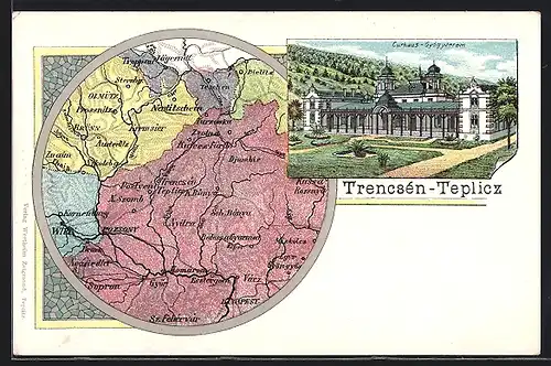 Lithographie Trencenteplic, Curhaus, Landkarte von Trencenteplic und Umgebung
