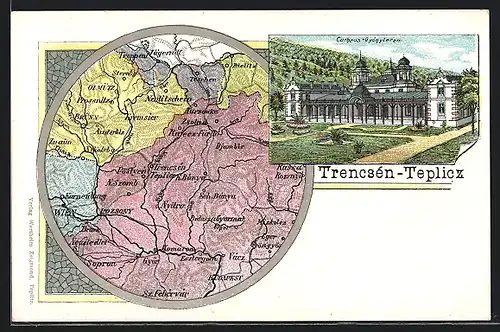 Lithographie Trencenteplic, Curhaus, Landkarte von Trencenteplic und Umgebung