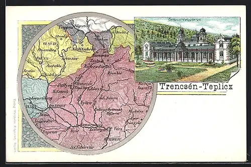 Lithographie Trencenteplic, Landkarte von Trencenteplic und Umgebung, Das Curhaus