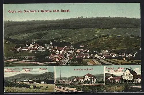 AK Grunbach i. Remstal, Gasthof zum Hirsch, Kempf`sche Fabrik, Rommenhöllers Kohlensäurewerke u. Löfflundsche Fabrik